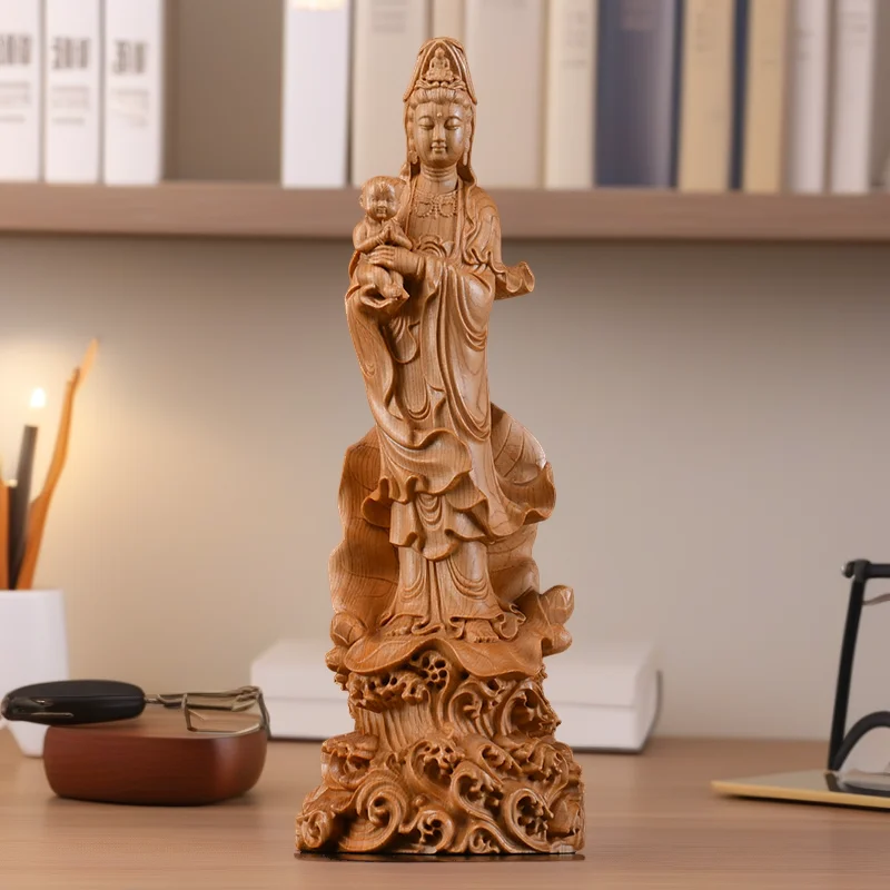 Natural Cypress Sending Son Guanyin Statue - Chinese Buddhist Character Statue Solid Wood Carving Feng Shui Room Ornaments 21cm