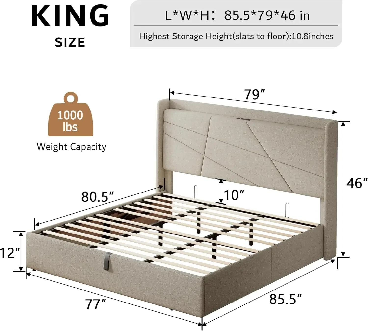 iPormis King Size Lift Up Storage Bed Frame with Charging Station, Upholstered Platform Bed Frame with Headboard, Hydraulic