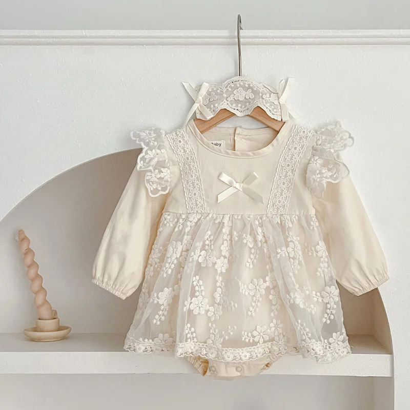 Baby Girls Lace Romper Dress Long Sleeve Floral Embroidery Dress With Bow Headband For Toddlers Elegant Princess Outfit 3-24M