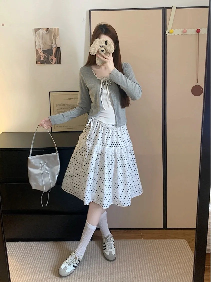 

plus Size Korean Style Fashion Set Women's Polka Dot Slim A-Line Skirt Design Long Sleeve Top Two-Piece Ensemble