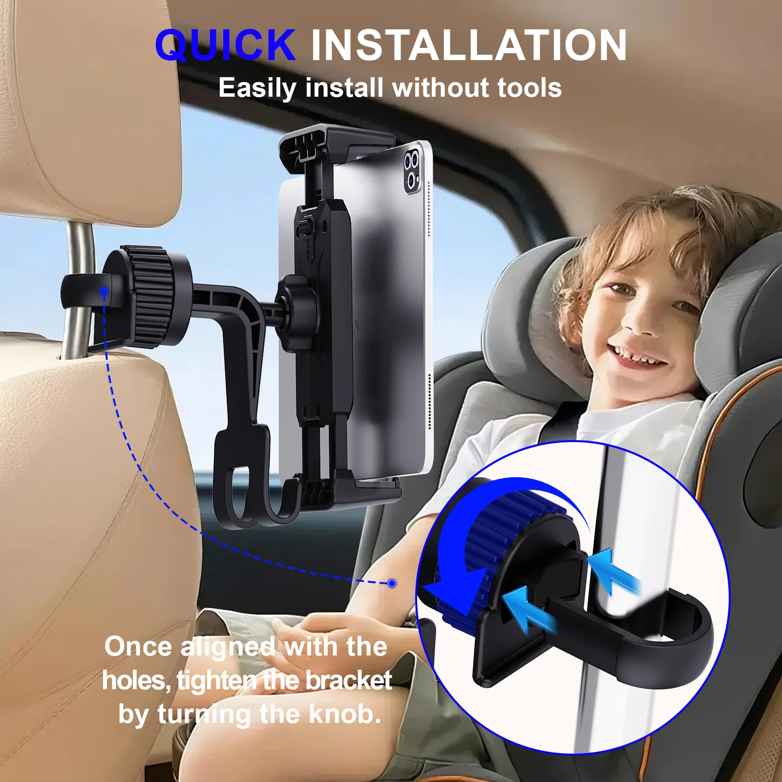 Car Back Seat Headrest Tablet Holder Mount with Dual Storage Hooks Auto Interior Rear Seat Brackets for IPad Pro Phone Passenger