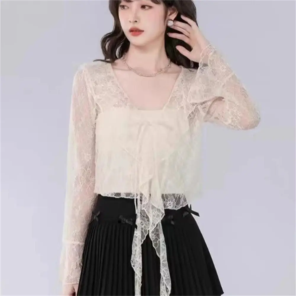 V-Neck Lace Cardigan Flared Sleeve Ruffle Edge Sun Protection Cardigan Hollow Out Lightweight Sun-proof Shirt Women Clothing view 5