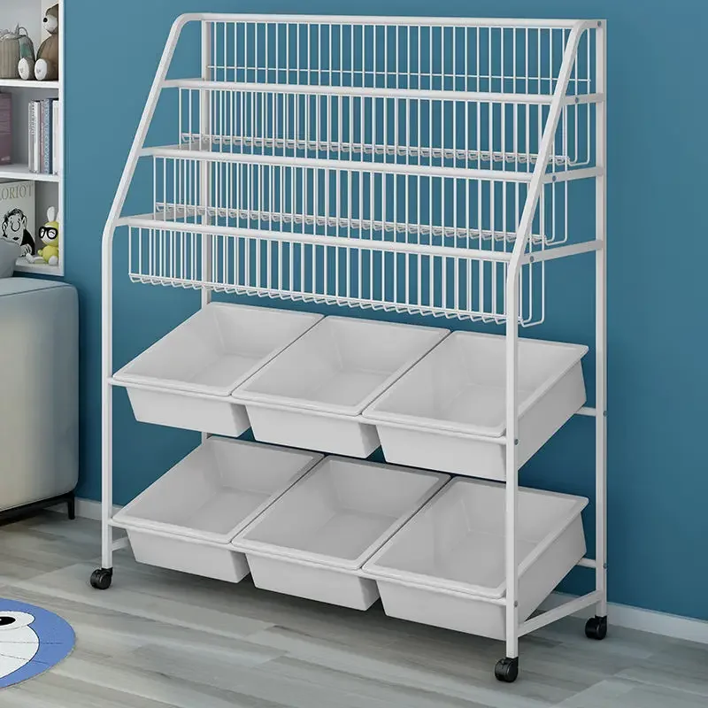 Living Room Simple Kid's Toy Storage Rack Kindergarten Metal Bookshelf Plastic Storage Box Rack Bookcase With Wheels