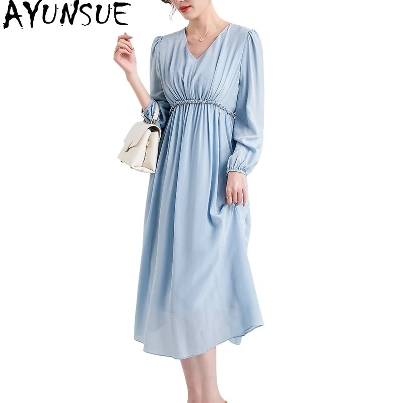 

AYUNSUE 100% Mulberry Silk Women‘s Dress Elegant Dresses for Women Clothes Waist Spring Summer Dress 2024 Lace-up Vestido Mujer