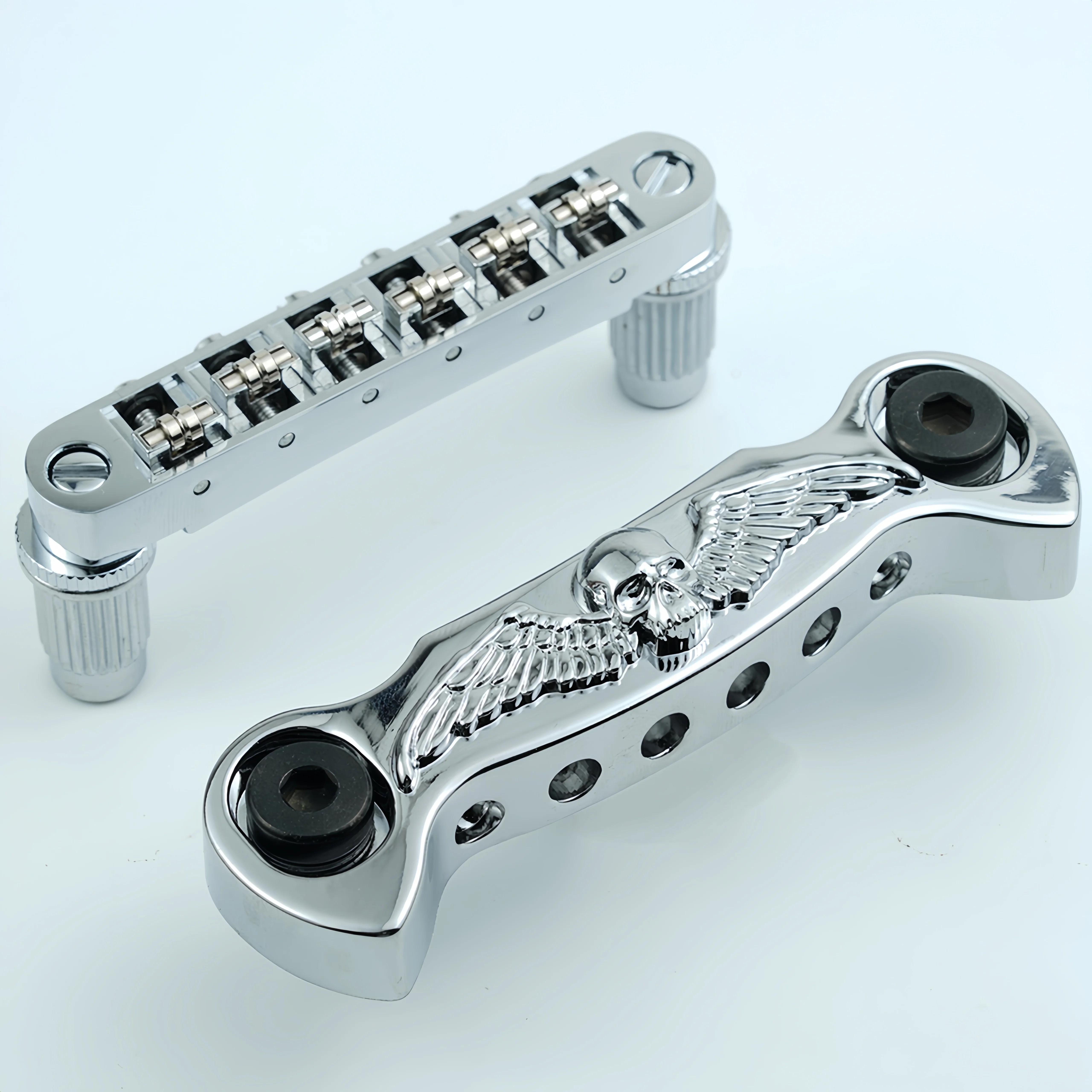 Guyker Roller Guitar Bridge Stop Tailpiece Set Zinc Alloy Skull Wing Tail for LP Style Electric Guitar Replacement Part Chrome