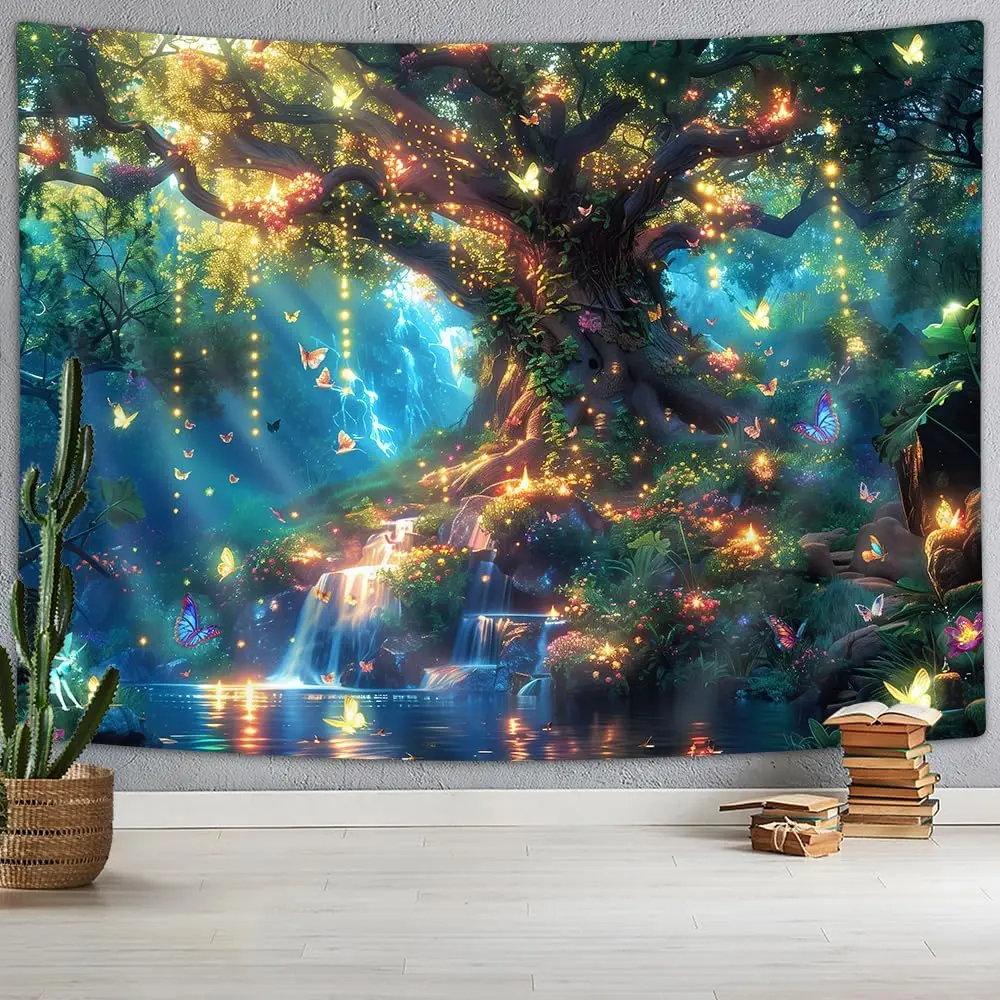 Fantasy Forest Tree Butterfly Wall Hanging, Fairy Magical Enchanted Jungle Waterfall Mushroom Tapestry for Bedroom Living Room