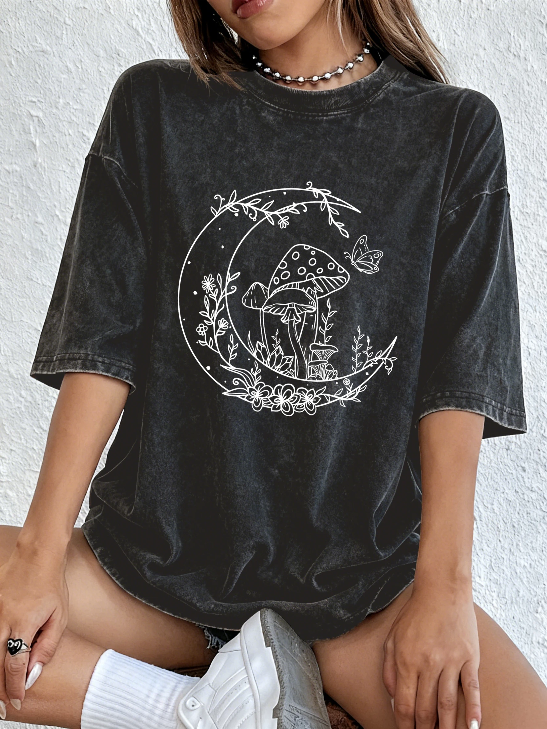 

Гриб, бабочка, луна, цветок, принт, стираные футболки, женские летние свободные футболки, уличные топы в стиле хип-хоп, повседневная хлопковая одежда