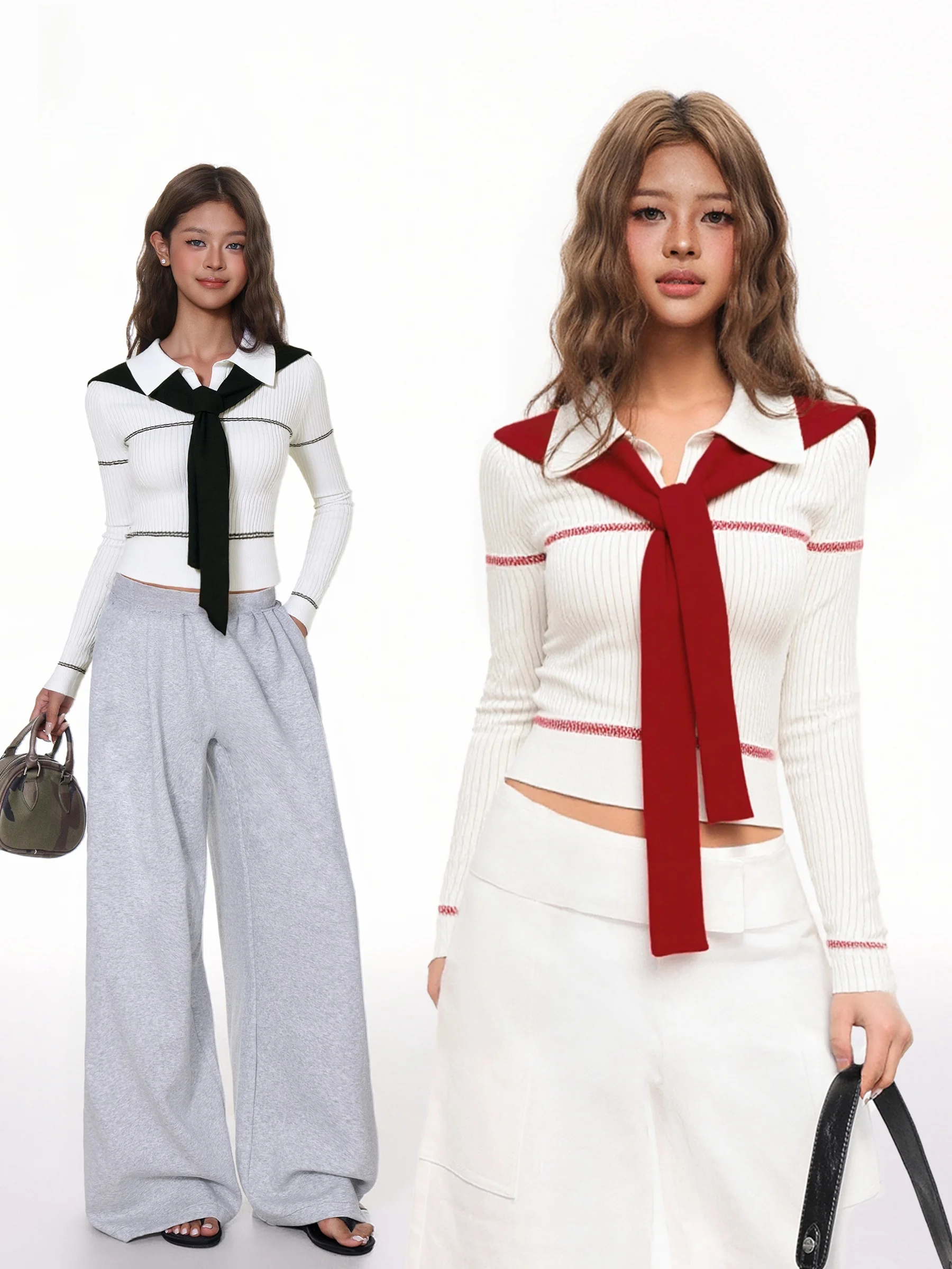 

Американский вязаный топ в стиле пэчворк, цветной, женский, приталенный, повседневный, с воротником-стойкой, длинными рукавами и подплечниками