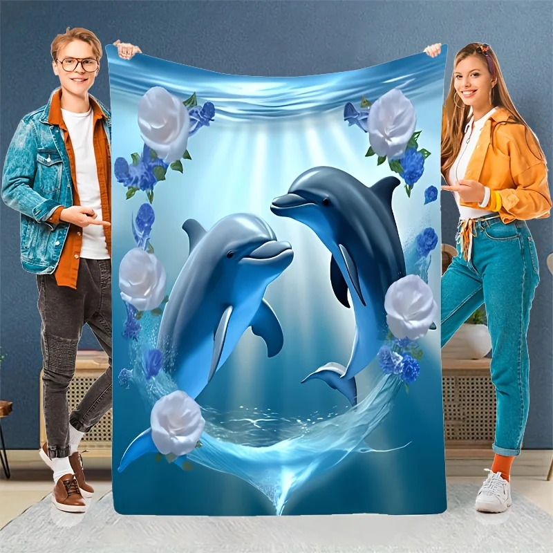 1pc Cozy & Tranquil Ocean Dream Dolphin Blue Water Underwater World with Flowers Decorative Flannel Throw Blanket - 200-250g/m²