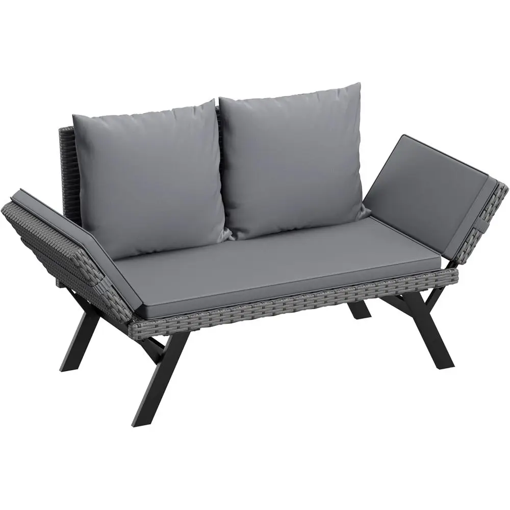 Patio urniture Rattan Convertible Soa with Adjustable Arms Grey | Outdoor urniture Wicker Sunbed Removable Cushions and Pillows