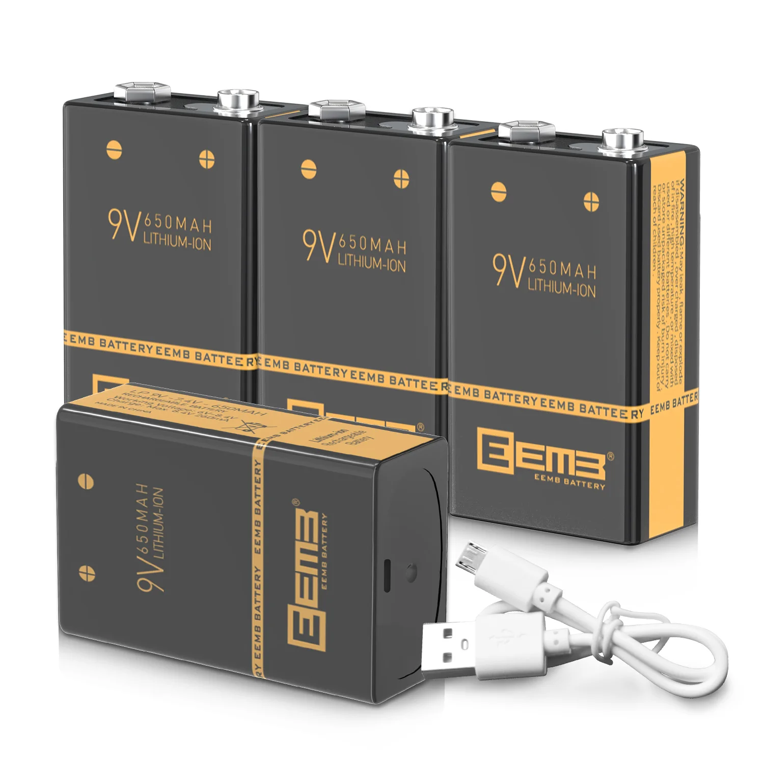 EEMB 4pcs Rechargeable 9V Battery 650mAh 9 Volt Lithium-ion Batteries with USB Charging Cable Li-ion Rechargeable Battery