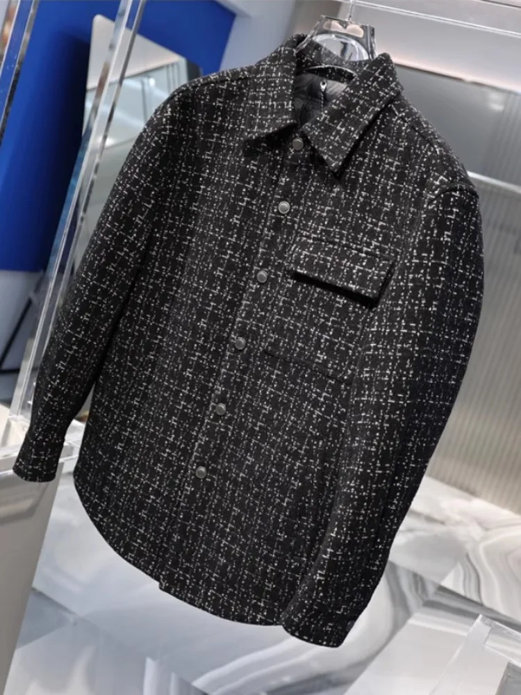 ฤดูหนาว Mens Tweed Down Coat Designer แฟชั่น Single Breasted Turndown Collar Casual Jacket High Street เสื้อแจ็คเก็ตลายสก๊อตชาย