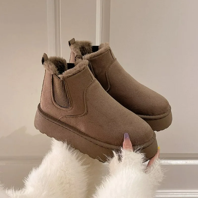

2025 Winter Women Short Plush Warm Snow Boots Casual Shoes New Suede Fur Chelsea Ankle Boots Flats Platform Ladies Shoes Botas