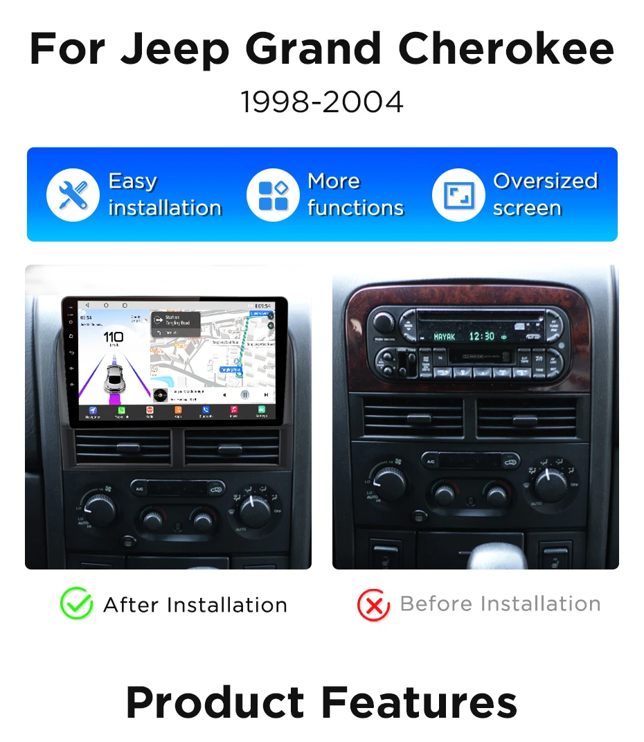 Junsun 360-Kamera-Autoradio für Jeep Grand Cherokee II WJ 1998-2004, kabelloses CarPlay, Android Auto, 4G LTE, GPS-Navigation, DSP, RDS, Lenkradsteuerung, IPS-Bildschirm, Kühlventilator, Plug & Play, Autoradio-Headunit, integrierte 4G-Cloud-eSIM – Detail 2