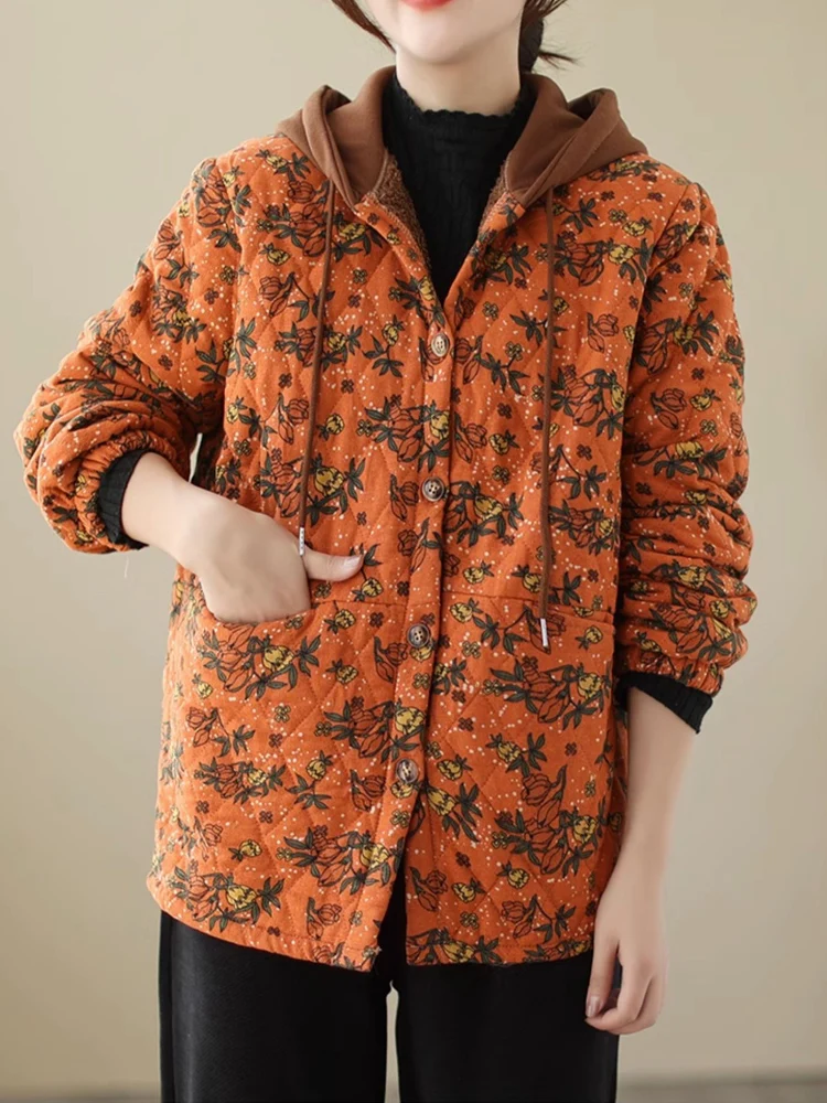 Vintage Cotton Linen Hoodie Floral Print Women Winter Coat 2024 New Autumn Hooded Drawstring Parkas Thick Warm Outerwear Jackets