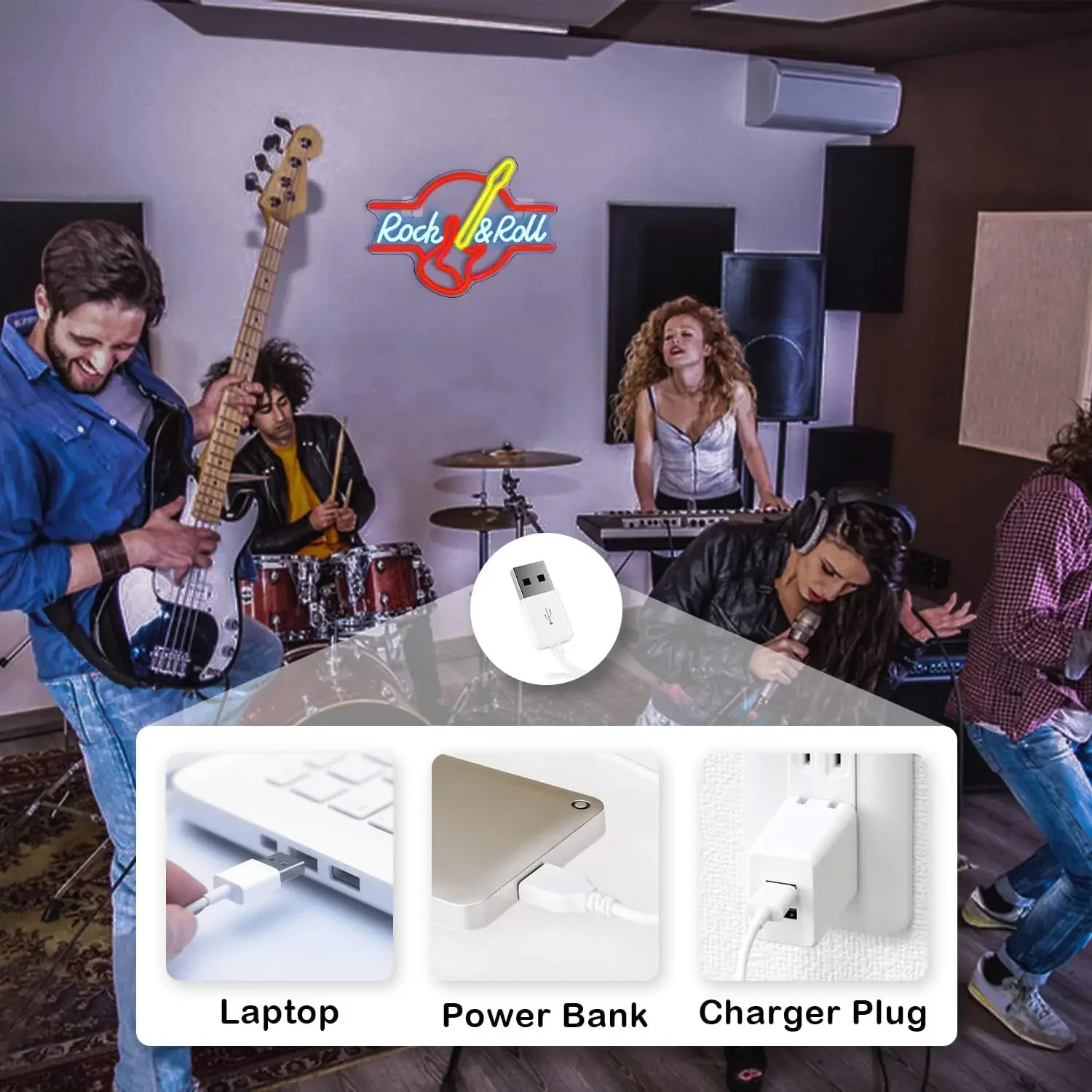 Rock and Roll Guitar Neon Sign Dimmable LED Neon Light for Music Studio Bar Man Cave Game Room Bedroom Party Wall Decor USB Lamp