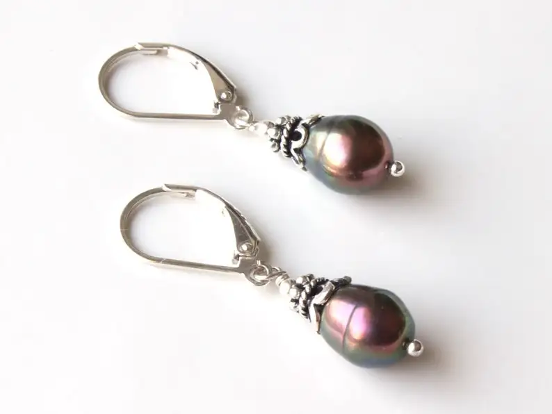 Peacock Pearls Sterling Silver Earrings classic dainty dangle drops boho chic everyday June birthstone birthday gift for her mom image 4