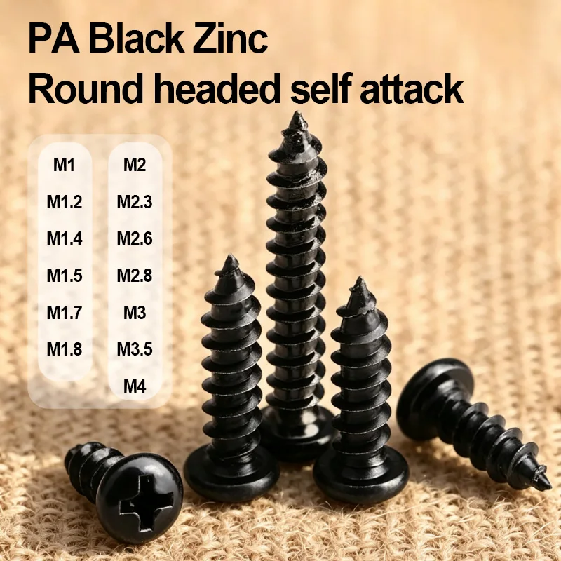 Phillips Pan Head PA Self Tapping Screws Black Zinc Plated Steel Sharp Tip Anti Rust Wood Plastic Fasteners M1-M4 3mm-30mm