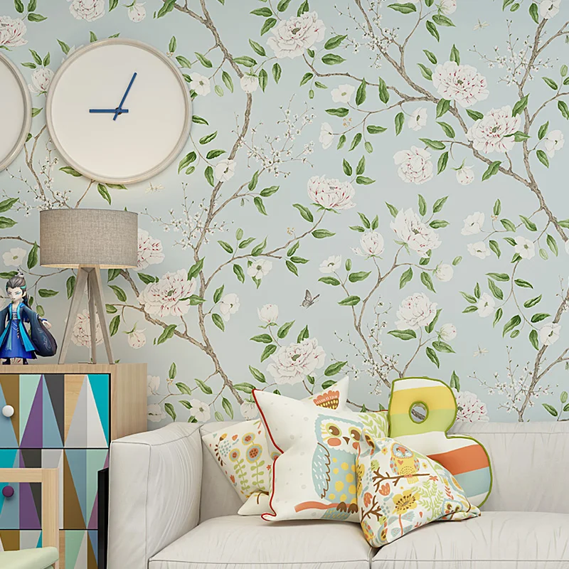 Light Mint Green Peony Floral Wallpaper Non Woven Vintage Countryside Tree Branch Flower Wall Paper for Bedroom Living Room