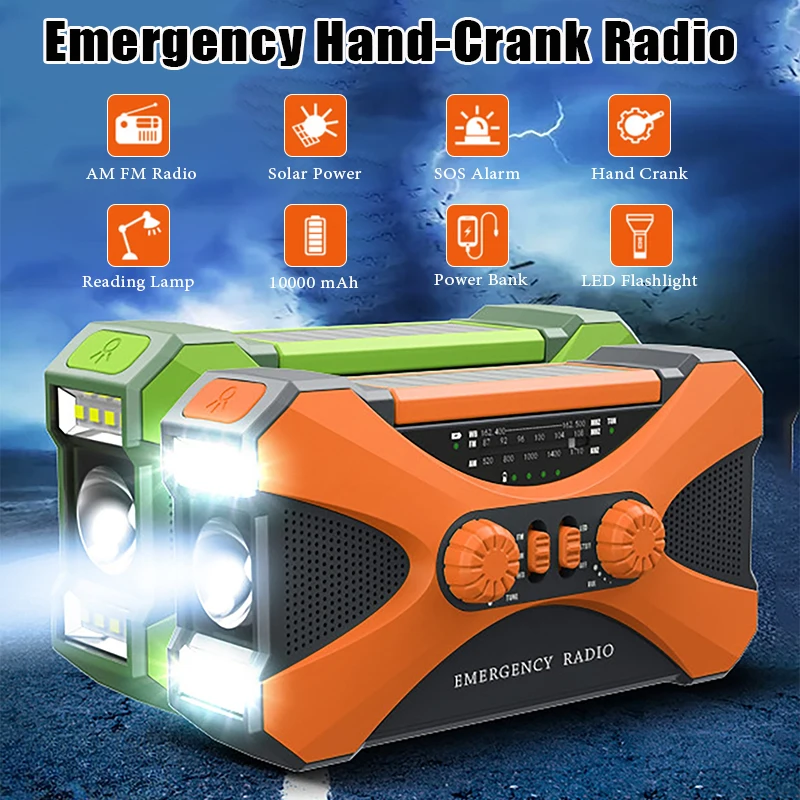 

10000mAh Multi-function Solar Crank Radio with Cell Phone Charger AM/FM/NOAA Weather Alert LED Flashlight Power Bank SOS Alarm