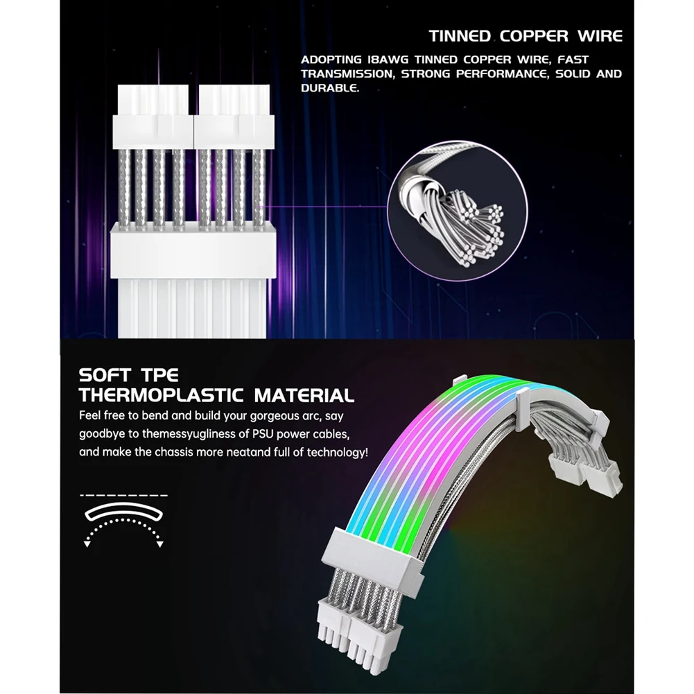 N86R ARGB PSU Cables 2x8Pin PCIE ARGB PSU Cables Soft Silicone Bendable for Gaming PC Build