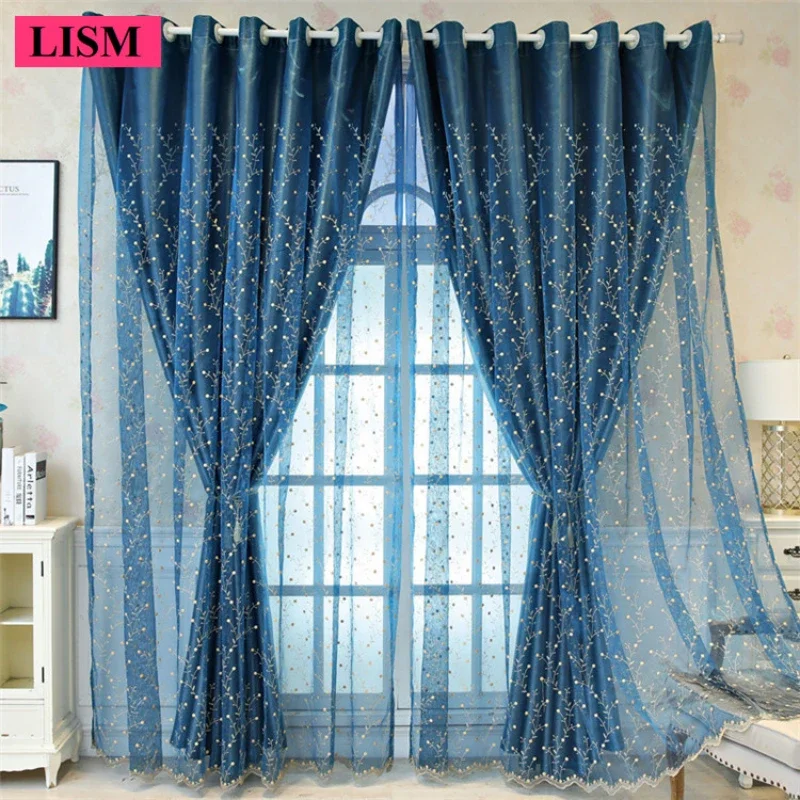 

New Embroidered Curtains for Living Room Bedroom European Blackout Embroidered Elegant Blue Fabric Decor Custom Window Tulle