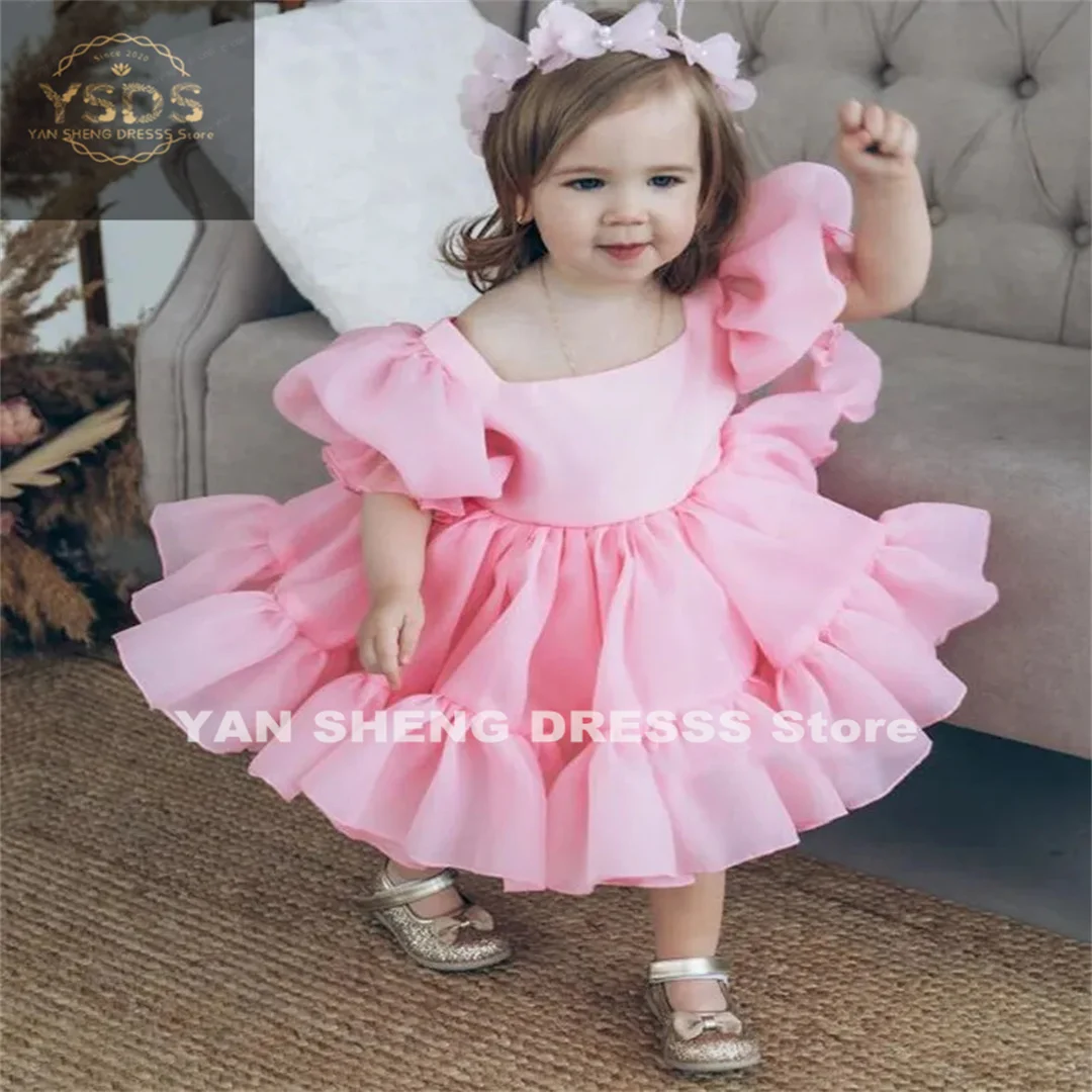 Pink Tutu Tulle Puffy Flower Girl Dress First Baby Birthday Party Dress Princess Girl Gown Pageant Toddler Special Occasion