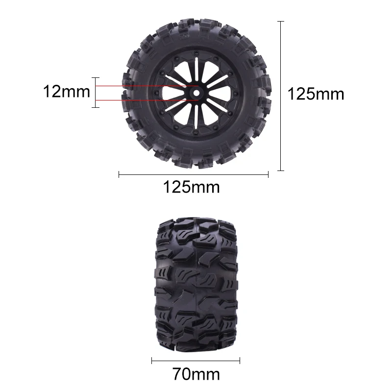 2pcs ZD 12mm Racing HEX &125mm Wheels Tires For 1/10 Monster Truck Off Road HPI HSP Savage XS TM Flux LRP