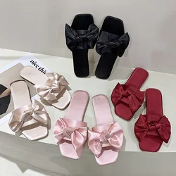 Luxury Women Peep Toe Bedroom Home Sandals Satin Bride Bridesmaid Wedding Shoes New Wedding Slippers With Silk Big Bow