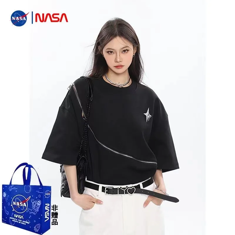 تي شيرت نسائي كبير الحجم بتصميم سحاب ونمط نجمة كاجوال فضفاض بأكمام قصيرة فستان علوي 100% قطن