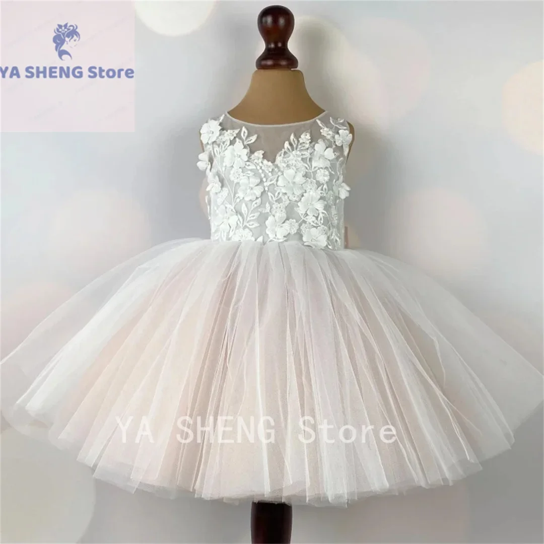 زهرة بيضاء فستان فتاة مع القوس ، بلا أكمام ، طول الركبة ، الزفاف ، عيد ميلاد ، المناولة الأولى