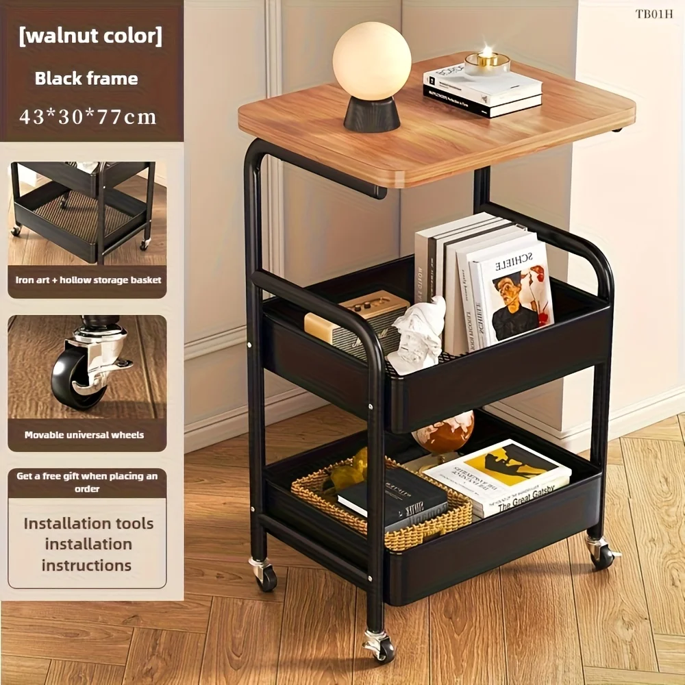 3-Tier Rolling Cart with Tabletop, Metal Tool and Snack Rack with Storage, Durable Carbon Steel Frame, Wheels for Easy Mobility