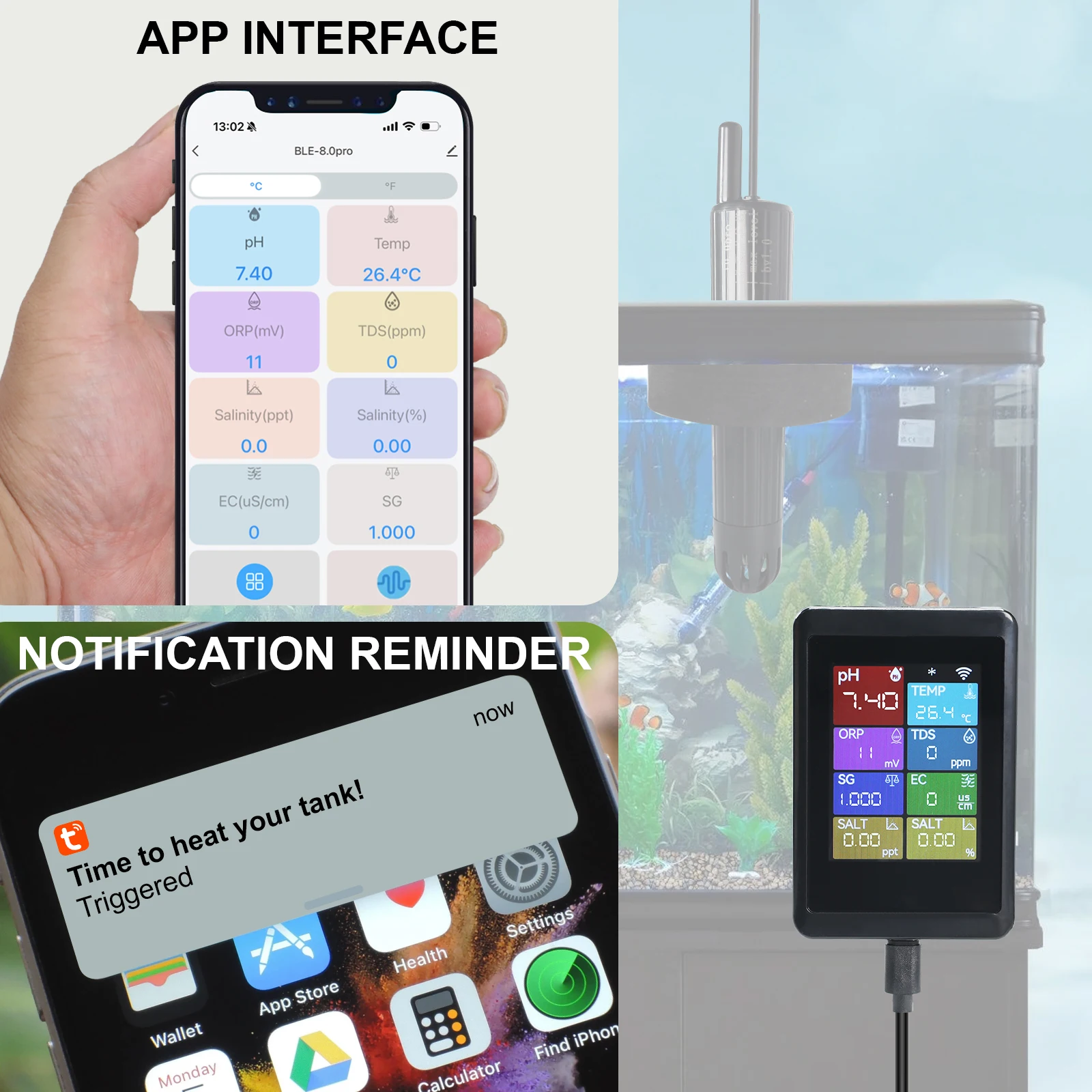 8 in 1 WiFi PH Meter Multi-Parameter Water PH, Temperature, TDS, EC, Salinity, Specific Gravity, ORP for Aquariums