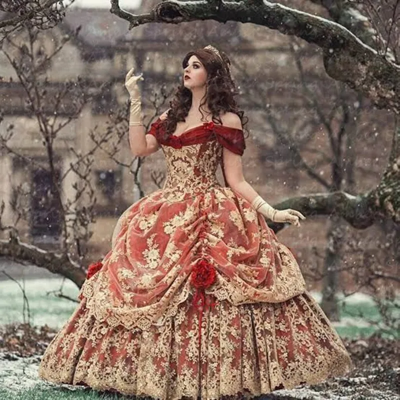 Gothic Red Quinceanera Dresses Princess Ball Gown Gold Lace Wedding Gown Vintage Corset Tiered Beauty Cosplay Robe Customized