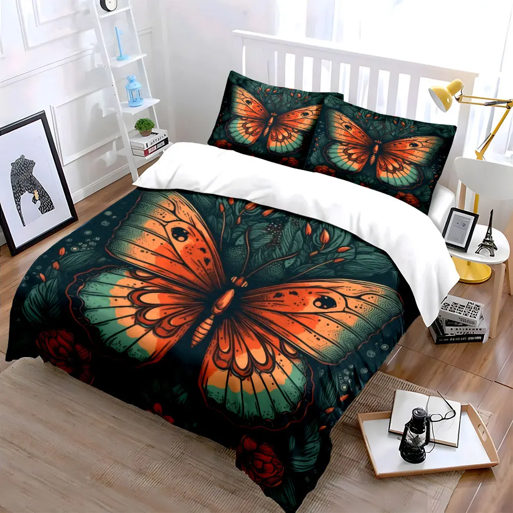 3Pcs Vintage Engraving Butterfly Floral Duvet Cover Set, Dark Green Leaf Boho Bedding Single Double King Queen, Gift