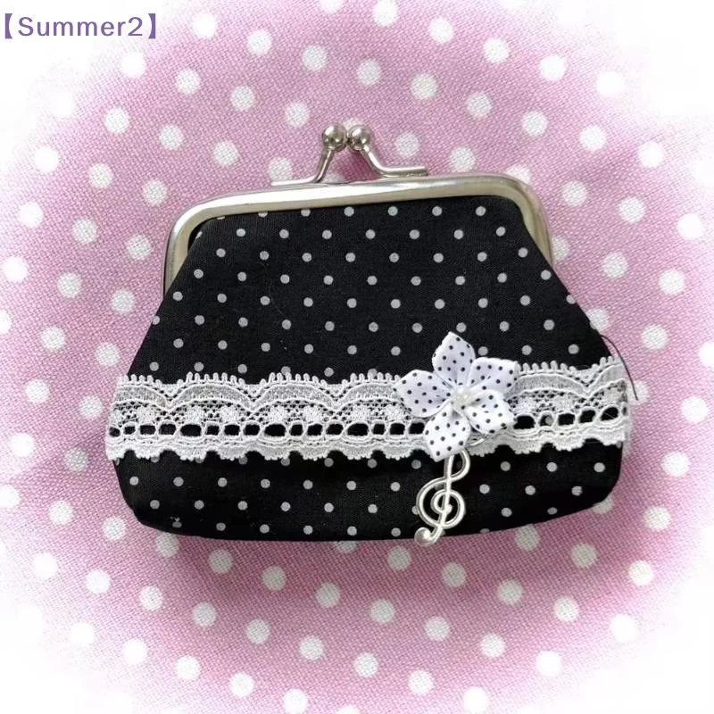 【Xia2】Cute Y2k Coin Purses Lady Small Wallet Wave Dot Handmade Lace Showa Rose Vintage Bag Hanging Pendant Earphone Bag Wallet