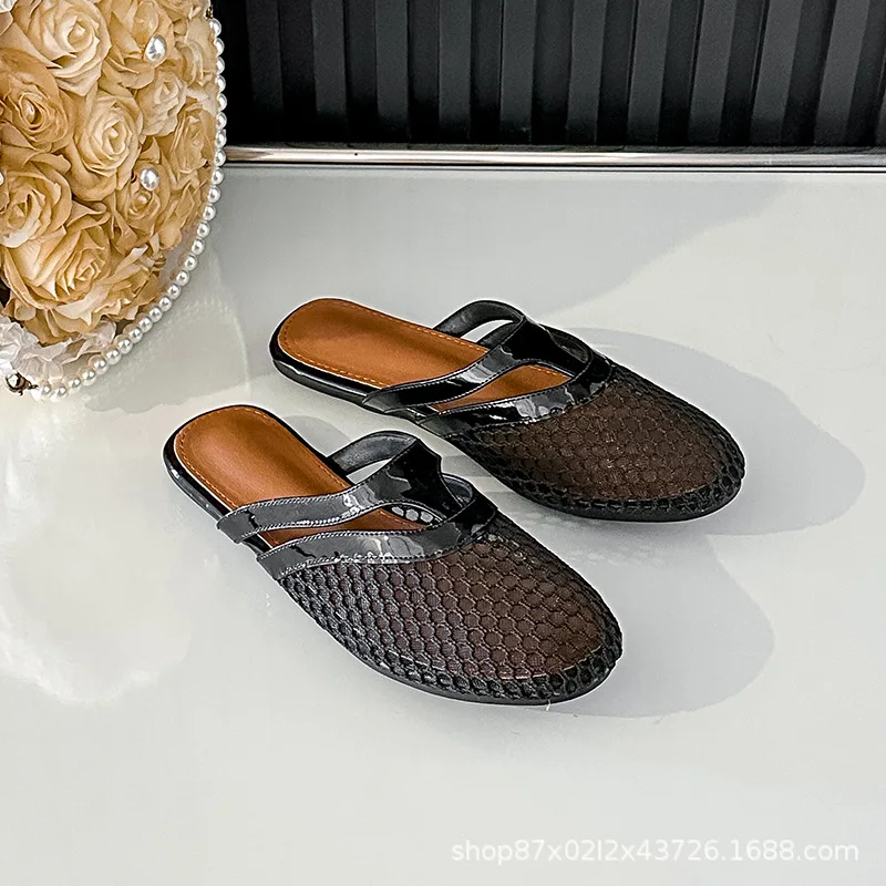 Women's Hollow Weaving Closed-Toe Slippers Fashion Breathable Fishnet Mule Shoes Casual Flat