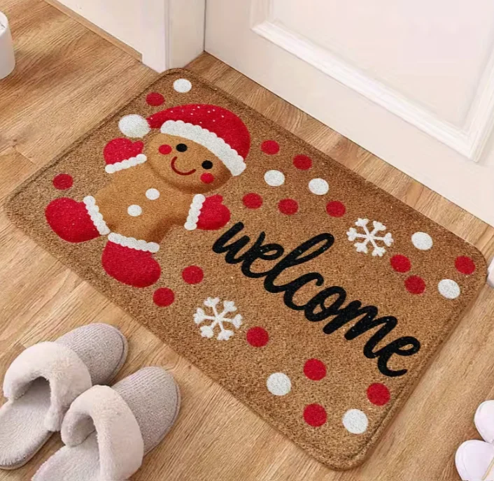 1pc Gingerbread for Man Welcome Doormat Festive Non-Slip Indoor Outdoor Entrance Mat with Santa Hat Soft Flannel Floor Mat
