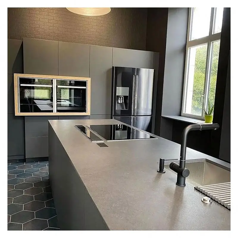 China Factory Grey kitchen hanging Cabinets Melamine Modern space saving particle board ready made kitchen cabinets with sink