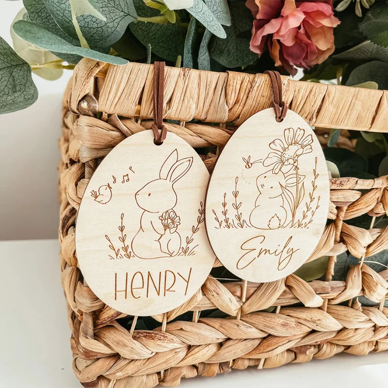 Personalized Bunny Rabbit Wooden Sign Gift Egg Hunt Basket Bucket Bag Name Tag spring Easter Ornament Family Kid Boy Girl Gift