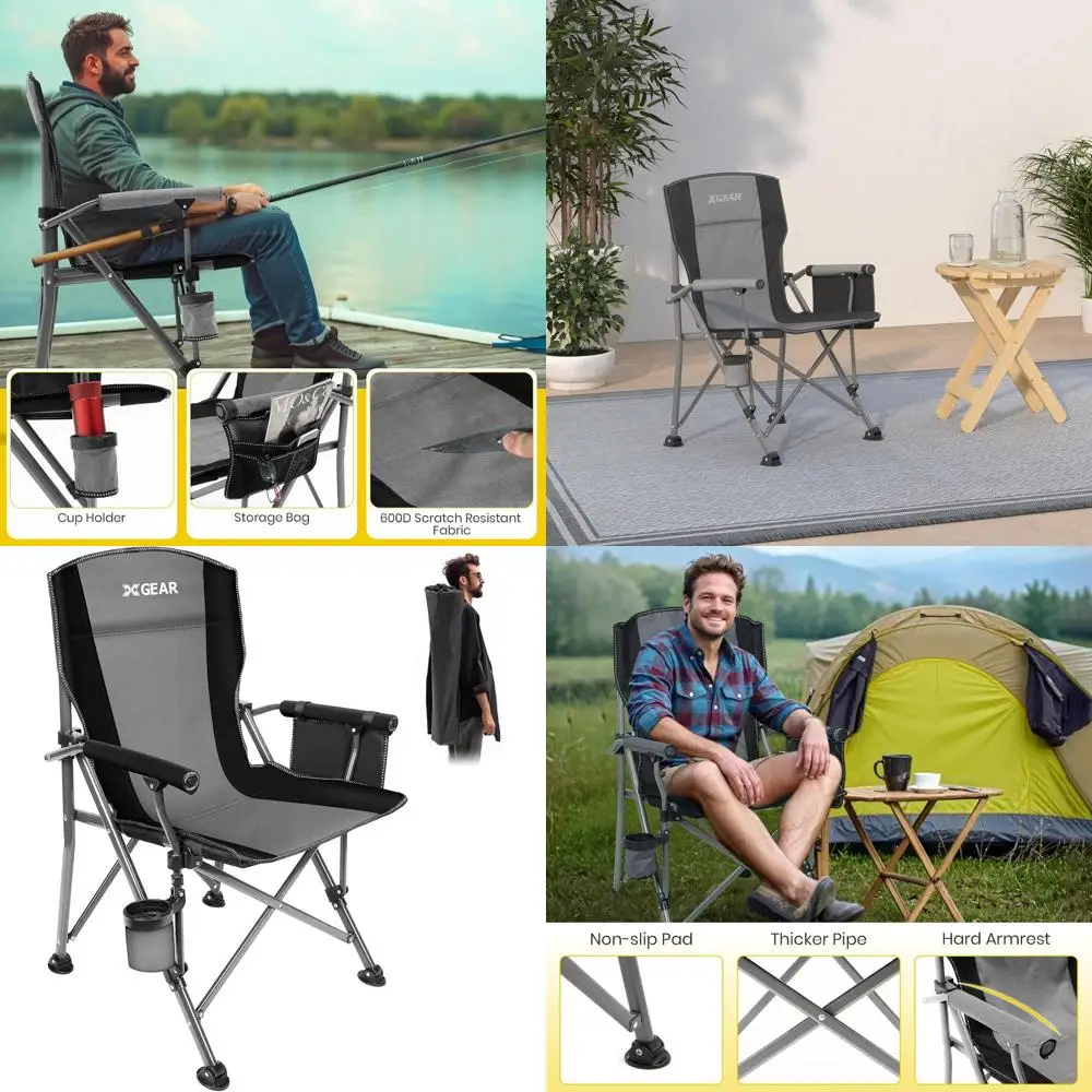 

Удобное кресло для кемпинга с мягкими подлокотниками, подставкой для кружки, прочной складной конструкцией, карманами для хранения, сумкой для переноски, выдерживает нагрузку до 400 фунтов.
