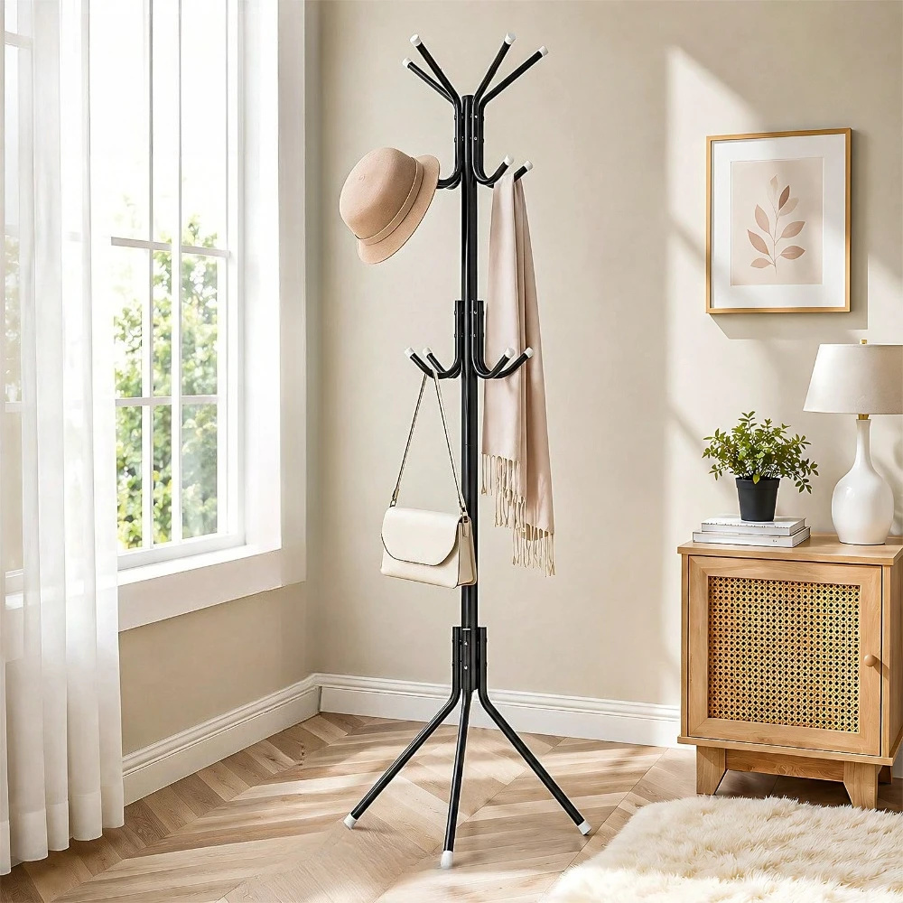 Freestanding Coat Rack With 12 Hooks, Multi-Tier Organizer For Office And Entryway, Bedroom, Office, HSturdy Hall Rree,Easy Assembly Coat Rack Stand For Hanging Scarf,Purse,Hats,Jacket, Bags Standing Purse Rack, Metal, Black/White.