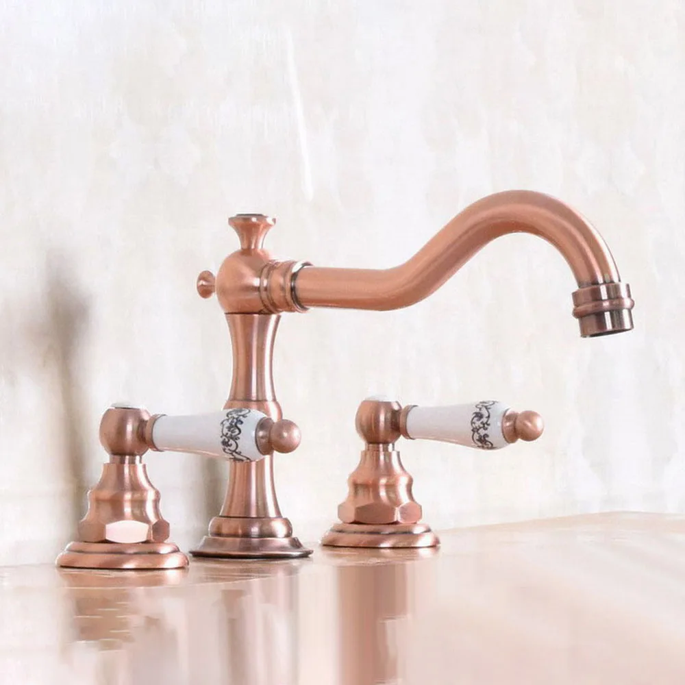 

Bathroom Sink Faucet Antique Red Copper Widespread 3pcs Ceramics Handles Basin 3 Holes Mixer Tap Nnf175