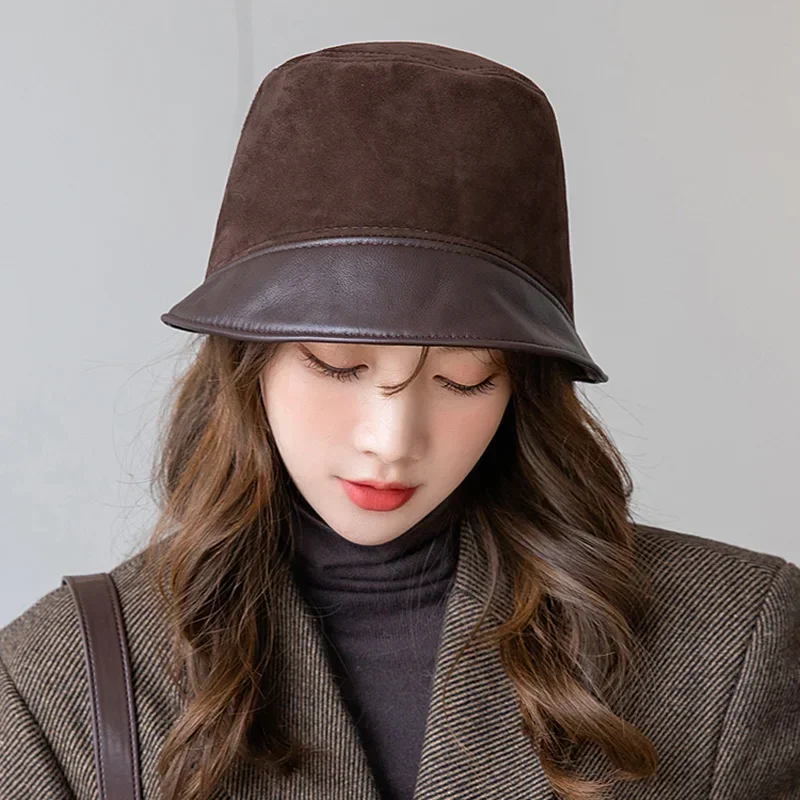 Korea Niche Designer Retro Genuine Leather Women Bucket Hat Lady Brown Fisherman Splicing Gorro Women Cover Face Street Basin Ca