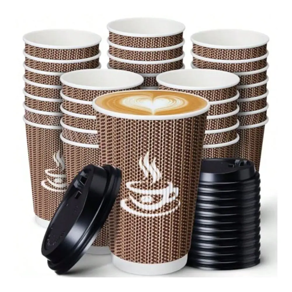 

Sets Disposable Coffee Cups With Lids 16 Oz Ripple Paper Brown Coffee Cups Insulated Corrugated DoubleWal For Hot Chocolate Col