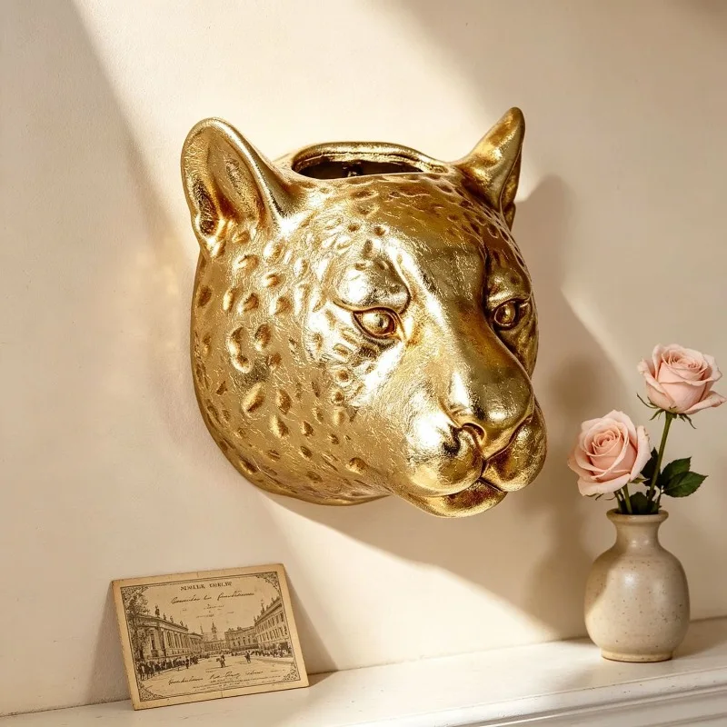 Vintage Gold Leopard Head Resin Vase Animal Wall Hanging Decorative Craft Garden Resin Leopard Animal Vase Plant Pot Home Decor