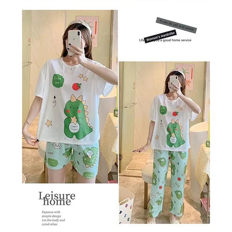 Pajamas Three-Piece Female Summer Maternity Short-Sleeved Loose Large Size Pajamas Homewear Nursing Clothes Homewear Set