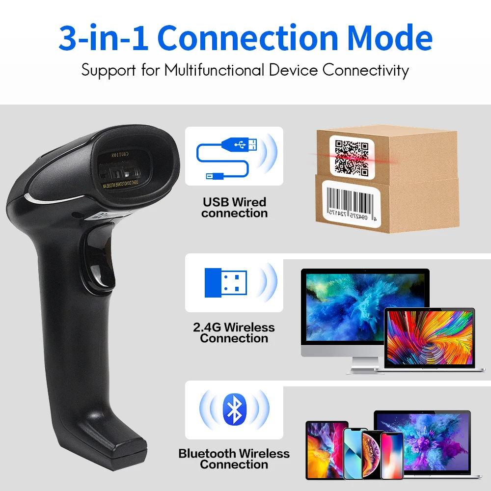 NEW Barcode Scanner 1D/2D Data Matrix Bar Code Scanner Wired/Wireless/Bluetooth Supermarket Industry Handheld Bar Code Reader