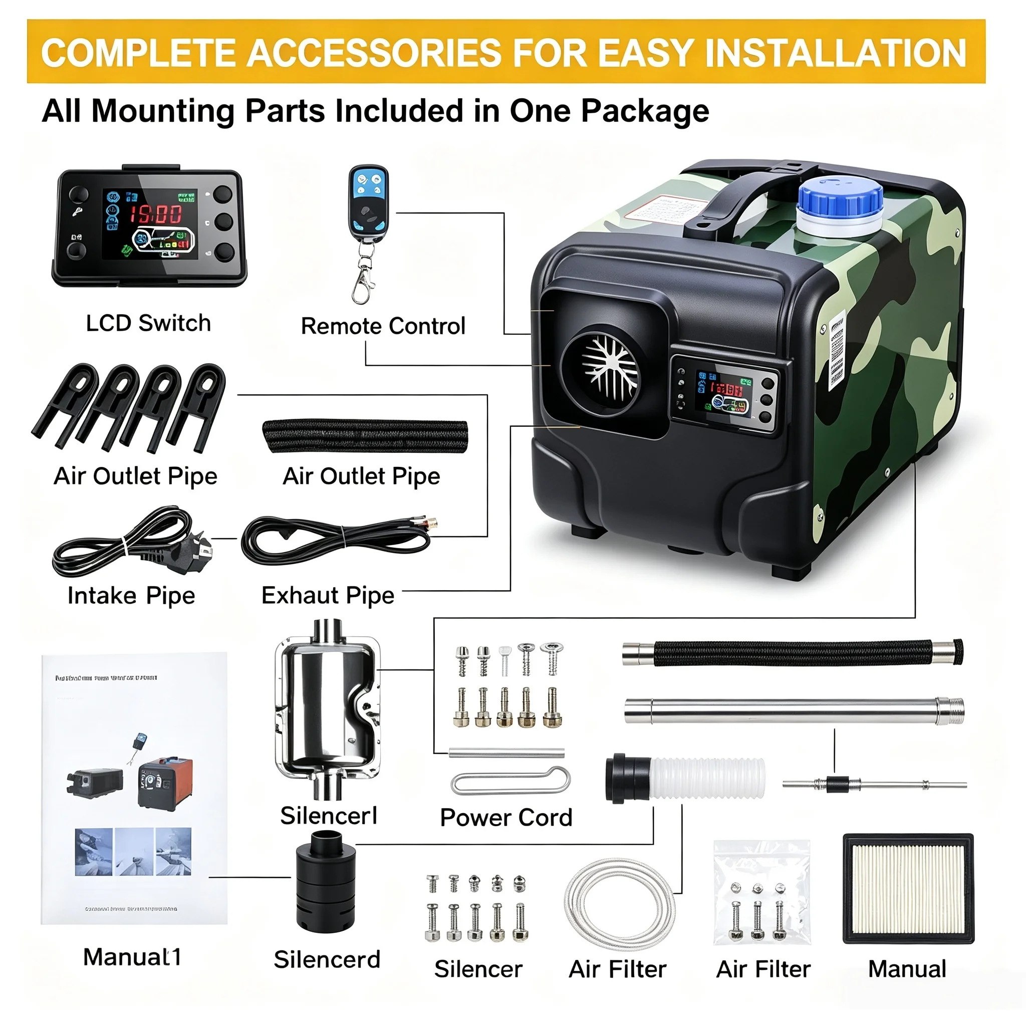 5000W Camouflage Shell Diesel Air Heater,12V 24V 220V Triple‑Voltage Parking Heater with Overheat Protection