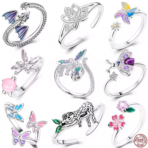 Opening Ring 925 Original Silver Adjustable Three-color Butterfly Fire Dragon Ring Fashion Jewelry Birthday Gift For Women